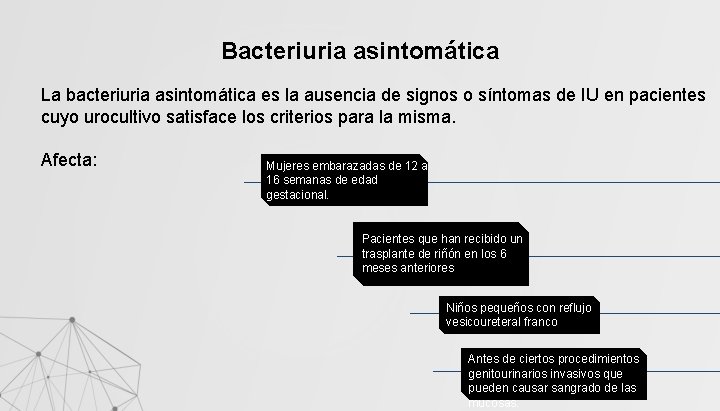 Bacteriuria asintomática La bacteriuria asintomática es la ausencia de signos o síntomas de IU