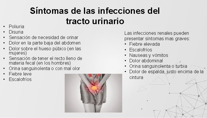  • • • Síntomas de las infecciones del tracto urinario Poliuria Disuria Sensación