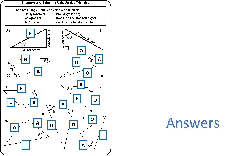 Trigonometry: Labelling Right-Angled Triangles For each triangle, label each side with a letter: H: