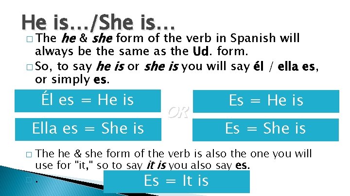 He is…/She is… � The he & she form of the verb in Spanish
