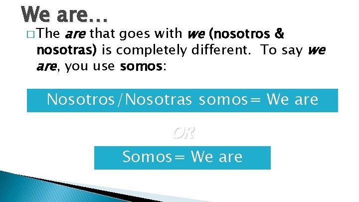 We are… � The are that goes with we (nosotros & nosotras) is completely