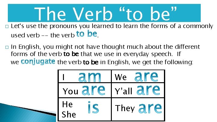 � The Verb “to be” Let's use the pronouns you learned to learn the