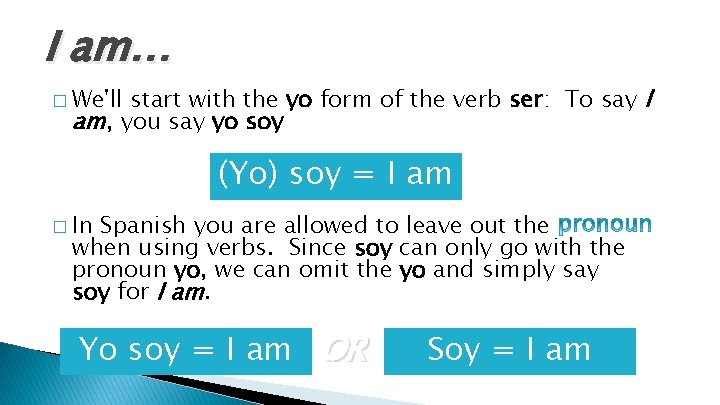 I am… start with the yo form of the verb ser: To say I