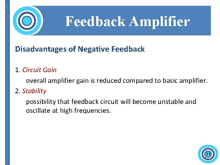 Feedback Amplifier Disadvantages of Negative Feedback 1. Circuit Gain overall amplifier gain is reduced