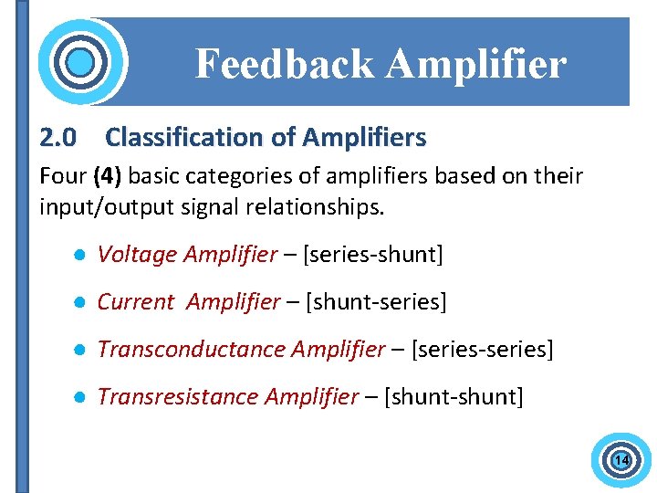 Feedback Amplifier 2. 0 Classification of Amplifiers Four (4) basic categories of amplifiers based