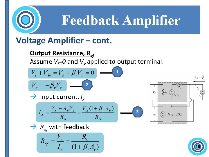 Feedback Amplifier Voltage Amplifier – cont. Output Resistance, Rof Assume Vi=0 and Vx applied