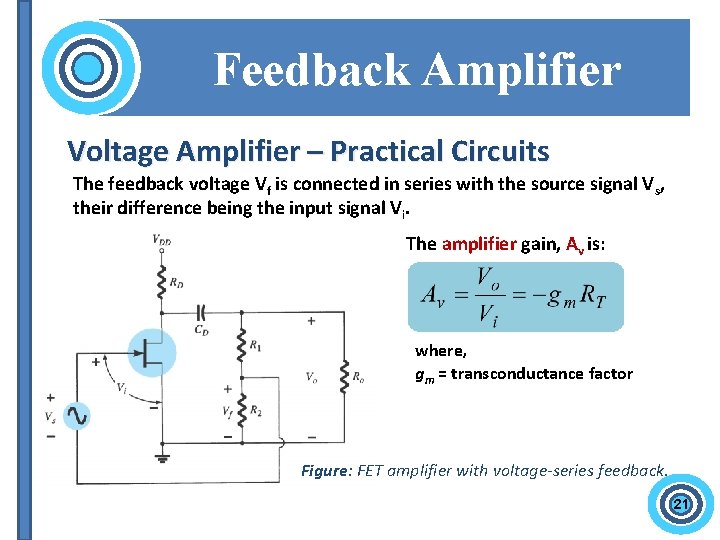 Feedback Amplifier Voltage Amplifier – Practical Circuits The feedback voltage Vf is connected in