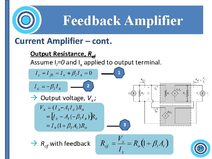 Feedback Amplifier Current Amplifier – cont. Output Resistance, Rof Assume Ii=0 and Ix applied