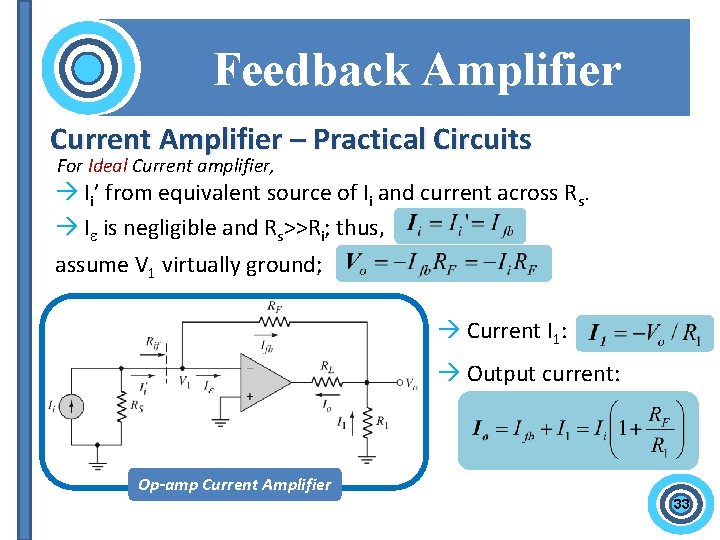 Feedback Amplifier Current Amplifier – Practical Circuits For Ideal Current amplifier, Ii’ from equivalent