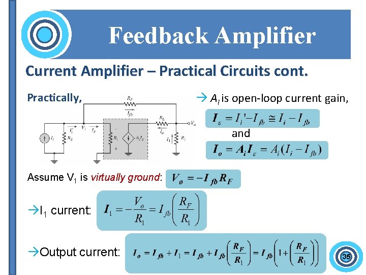 Feedback Amplifier Current Amplifier – Practical Circuits cont. Practically, Ai is open-loop current gain,