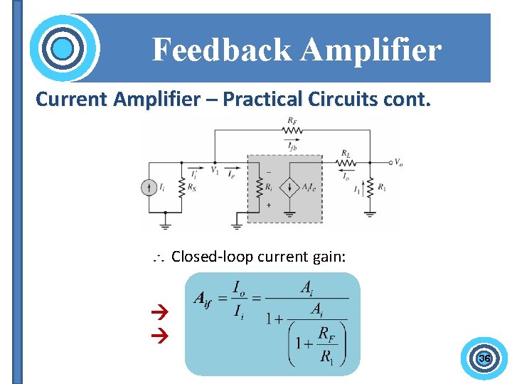 Feedback Amplifier Current Amplifier – Practical Circuits cont. Closed-loop current gain: 36 