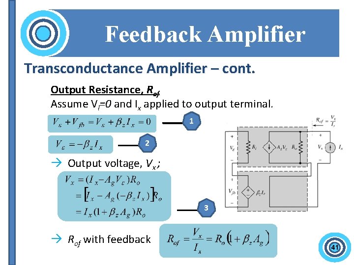 Feedback Amplifier Transconductance Amplifier – cont. Output Resistance, Rof Assume Vi=0 and Ix applied