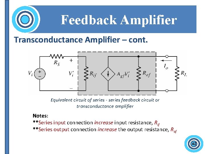 Feedback Amplifier Transconductance Amplifier – cont. Equivalent circuit of series - series feedback circuit