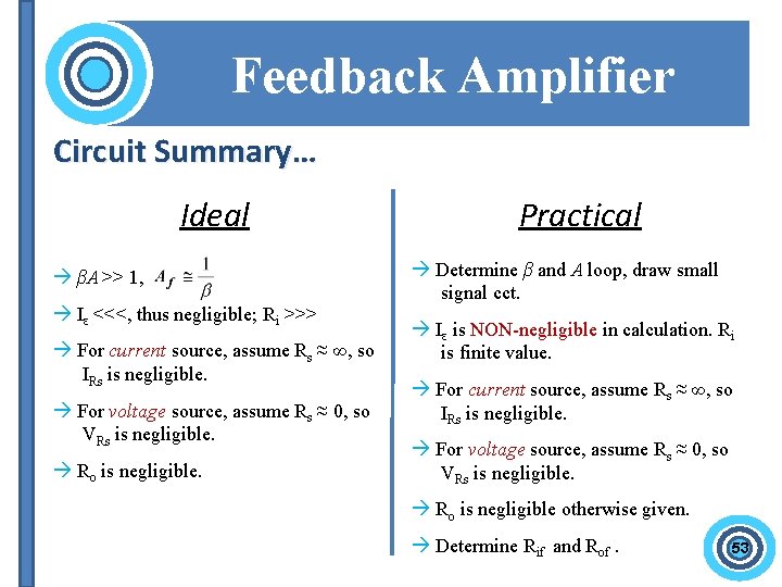 Feedback Amplifier Circuit Summary… Ideal βA >> 1, Iε <<<, thus negligible; Ri >>>