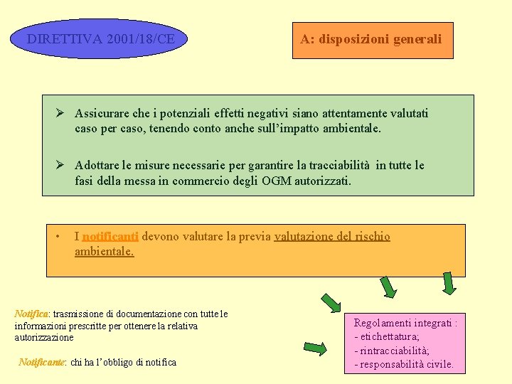 DIRETTIVA 2001/18/CE A: disposizioni generali Ø Assicurare che i potenziali effetti negativi siano attentamente