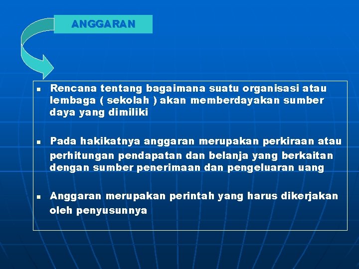 ANGGARAN n n n Rencana tentang bagaimana suatu organisasi atau lembaga ( sekolah )