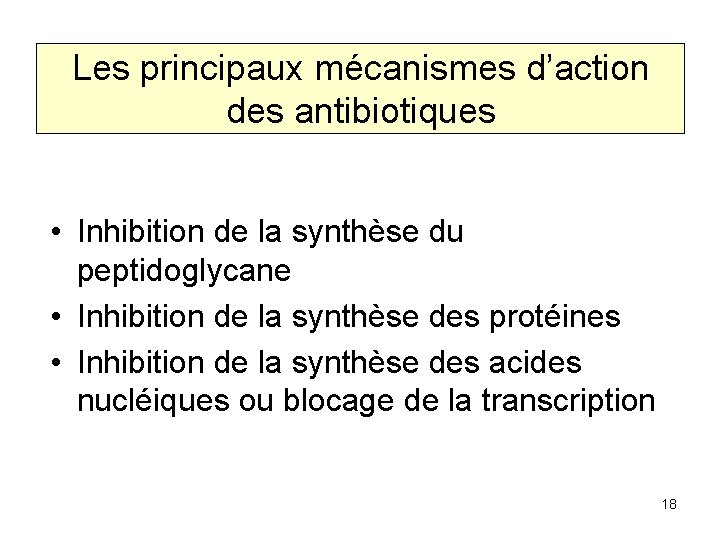 Les principaux mécanismes d’action des antibiotiques • Inhibition de la synthèse du peptidoglycane •