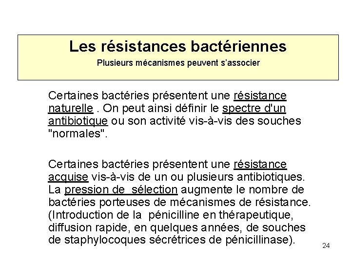 Les résistances bactériennes Plusieurs mécanismes peuvent s’associer Certaines bactéries présentent une résistance naturelle. On