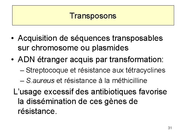 Transposons • Acquisition de séquences transposables sur chromosome ou plasmides • ADN étranger acquis