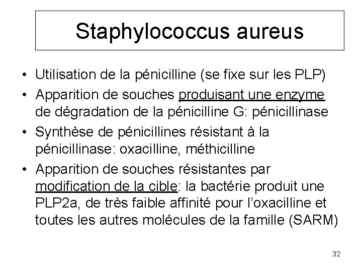 Staphylococcus aureus • Utilisation de la pénicilline (se fixe sur les PLP) • Apparition