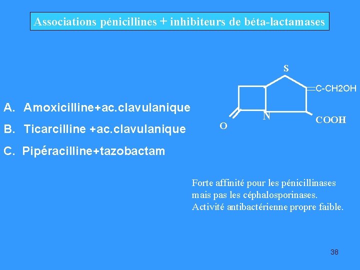 Associations pénicillines + inhibiteurs de béta-lactamases S C-CH 2 OH A. Amoxicilline+ac. clavulanique B.