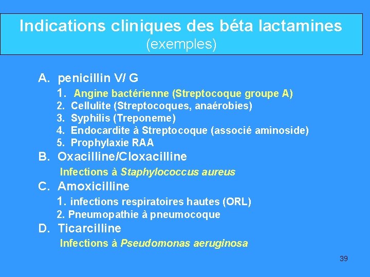 Indications cliniques des béta lactamines (exemples) A. penicillin V/ G 1. Angine bactérienne (Streptocoque