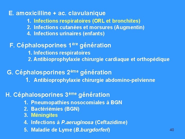 E. amoxicilline + ac. clavulanique 1. Infections respiratoires (ORL et bronchites) 2. Infections cutanées