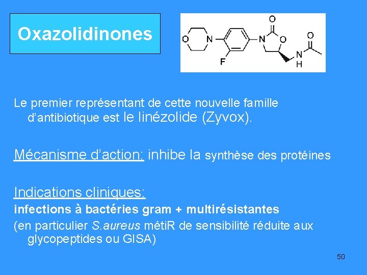 Oxazolidinones Le premier représentant de cette nouvelle famille d’antibiotique est le linézolide (Zyvox). Mécanisme