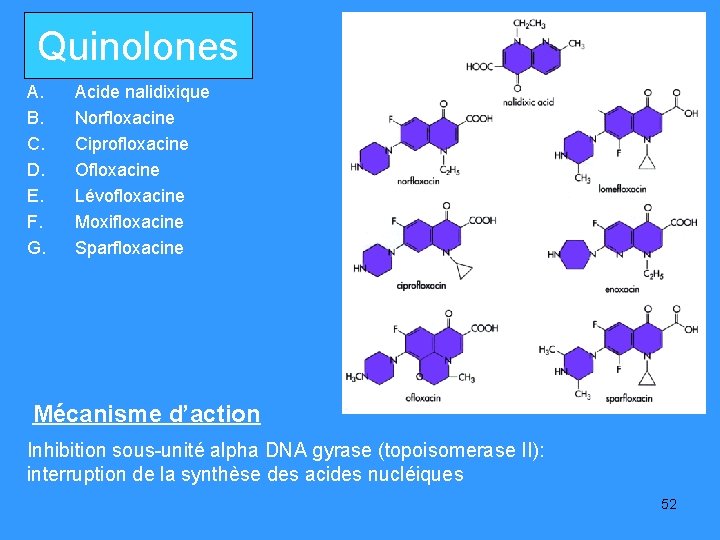 Quinolones A. B. C. D. E. F. G. Acide nalidixique Norfloxacine Ciprofloxacine Ofloxacine Lévofloxacine