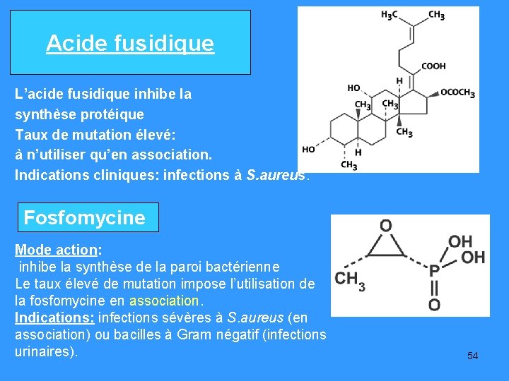 Acide fusidique L’acide fusidique inhibe la synthèse protéique Taux de mutation élevé: à n’utiliser