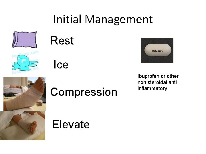 Initial Management Rest Ice Compression Elevate Ibuprofen or other non steroidal anti inflammatory 