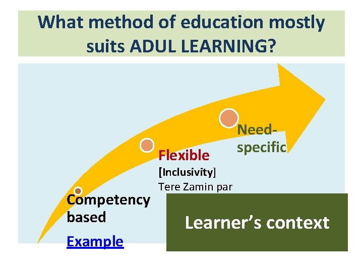 What method of education mostly suits ADUL LEARNING? Flexible Competency based Example Needspecific [Inclusivity]