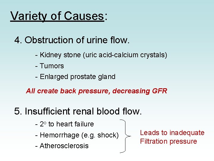 Variety of Causes: 4. Obstruction of urine flow. - Kidney stone (uric acid-calcium crystals)