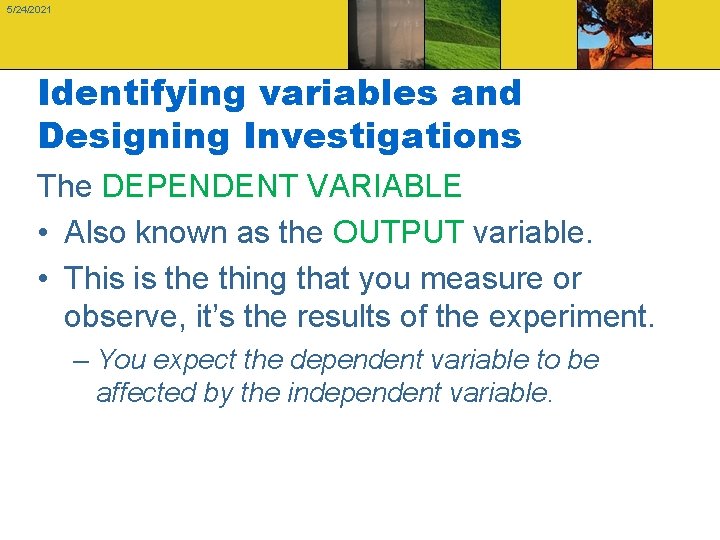 5/24/2021 Identifying variables and Designing Investigations The DEPENDENT VARIABLE • Also known as the