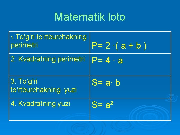 Matematik loto 1. To’g’ri to’rtburchakning perimetri P= 2 ∙( a + b ) 2.