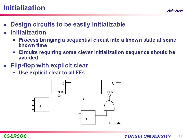 Initialization l l Ad-Hoc Design circuits to be easily initializable Initialization § Process bringing