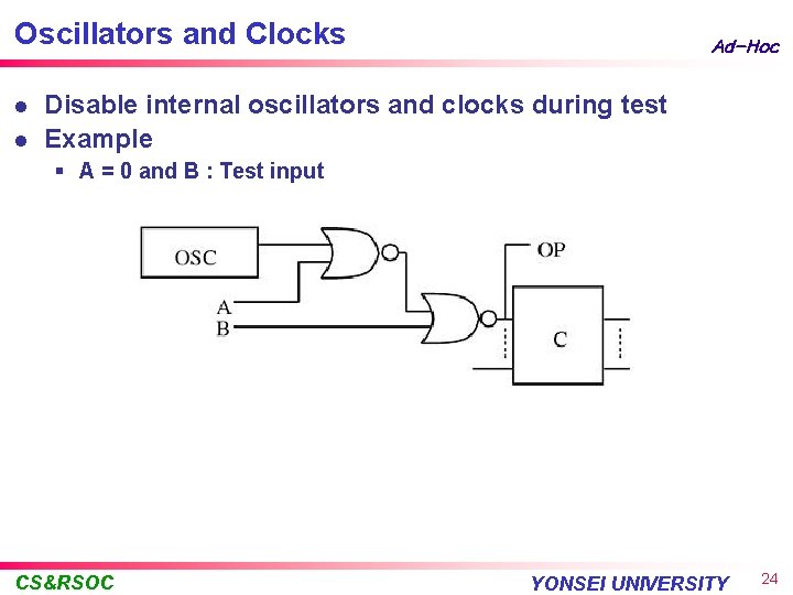 Oscillators and Clocks l l Ad-Hoc Disable internal oscillators and clocks during test Example