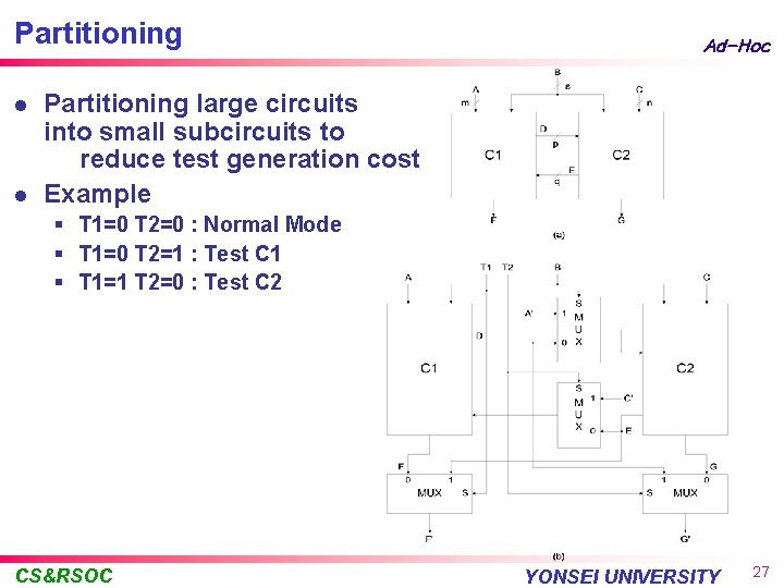 Partitioning l l Ad-Hoc Partitioning large circuits into small subcircuits to reduce test generation
