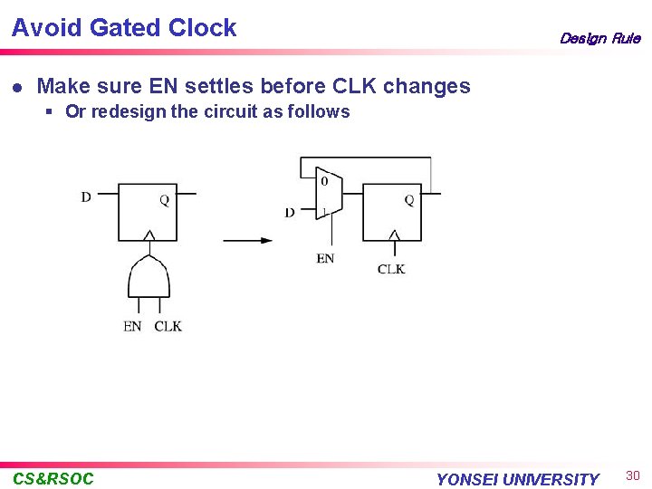 Avoid Gated Clock l Design Rule Make sure EN settles before CLK changes §