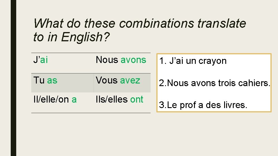 What do these combinations translate to in English? J’ai Nous avons 1. J’ai un