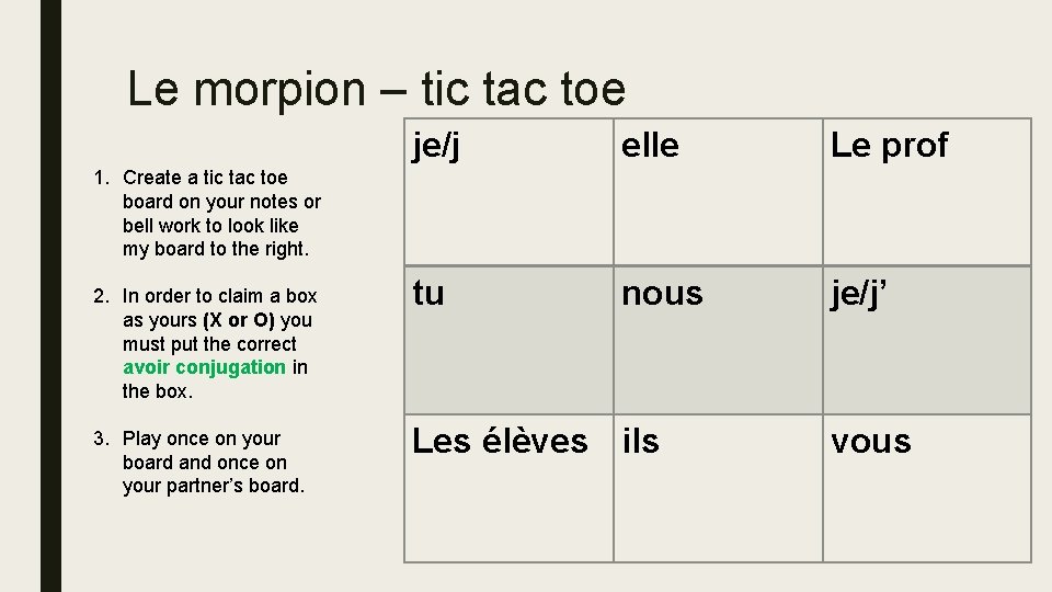 Le morpion – tic tac toe je/j elle Le prof tu nous je/j’ 1.