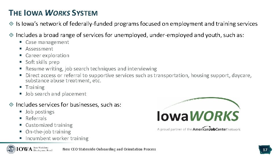 THE IOWA WORKS SYSTEM Is Iowa’s network of federally-funded programs focused on employment and