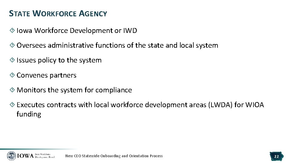 STATE WORKFORCE AGENCY Iowa Workforce Development or IWD Oversees administrative functions of the state