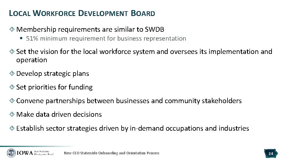 LOCAL WORKFORCE DEVELOPMENT BOARD Membership requirements are similar to SWDB § 51% minimum requirement
