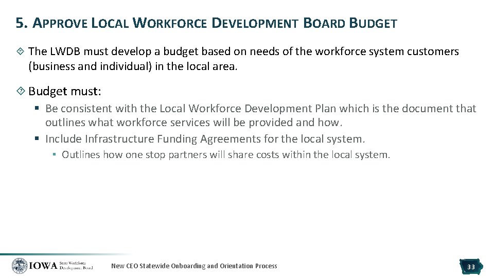 5. APPROVE LOCAL WORKFORCE DEVELOPMENT BOARD BUDGET The LWDB must develop a budget based