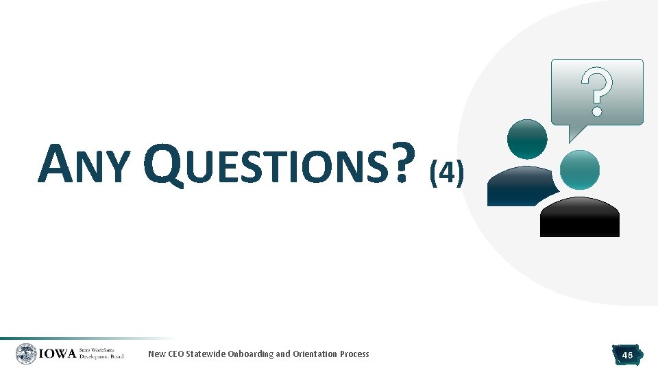 ANY QUESTIONS? (4) New CEO Statewide Onboarding and Orientation Process 46 