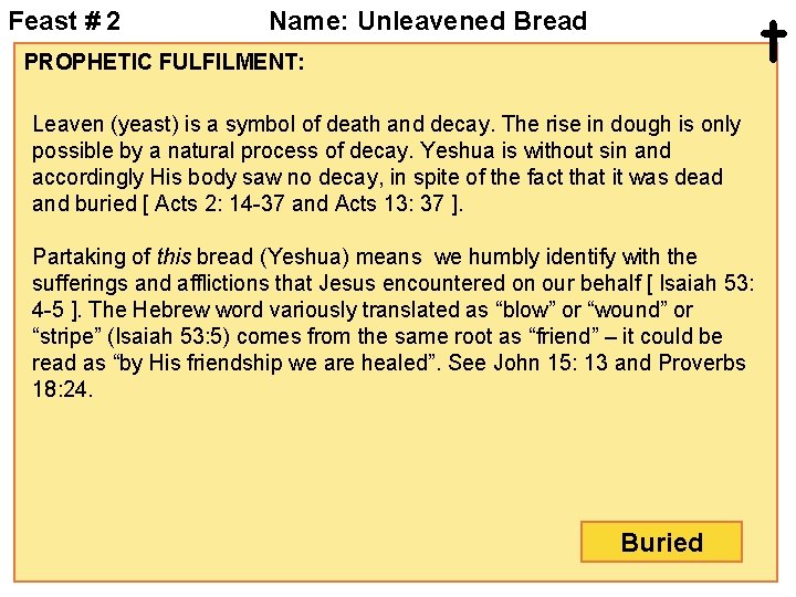 Feast # 2 t Name: Unleavened Bread PROPHETIC FULFILMENT: Leaven (yeast) is a symbol