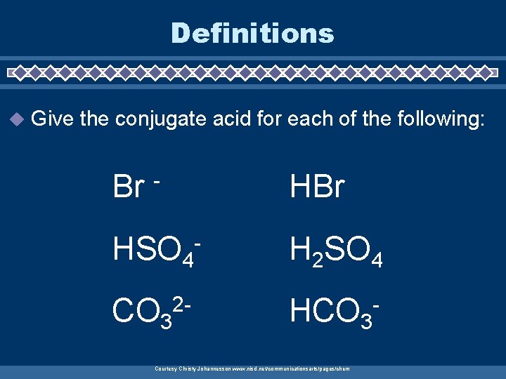 Definitions u Give the conjugate acid for each of the following: Br HBr -