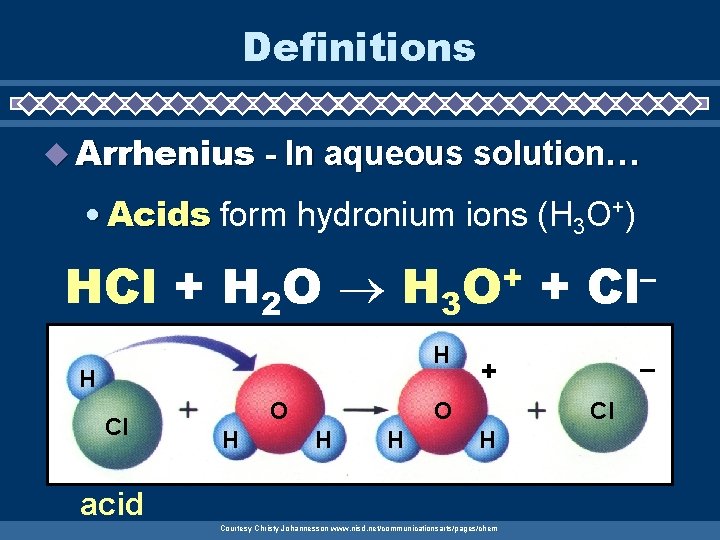 Definitions u Arrhenius - In aqueous solution… • Acids form hydronium ions (H 3