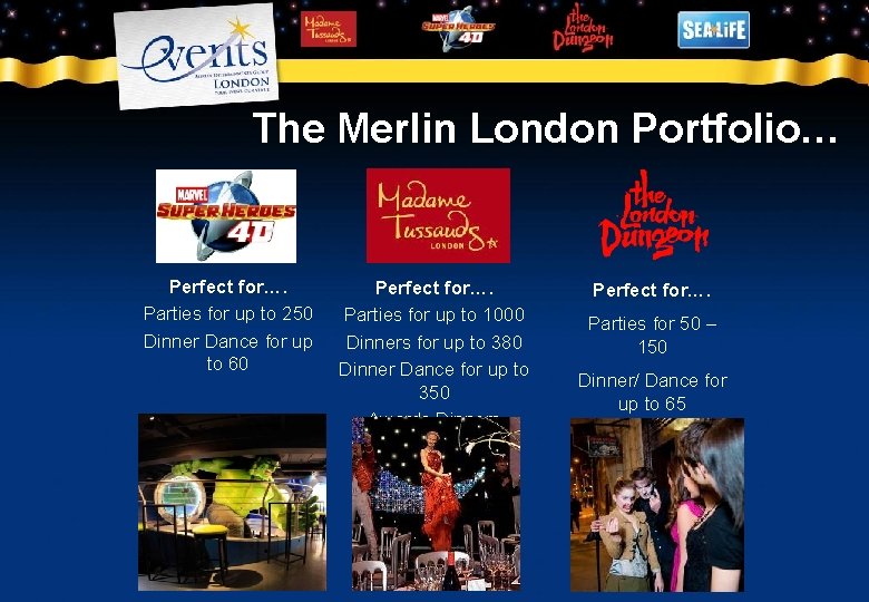 The Merlin London Portfolio… Perfect for…. Parties for up to 250 Dinner Dance for